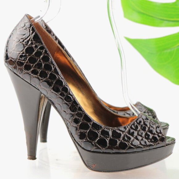Via Spiga Women Pump Size 8.5  Brown Croc Cone Heel Platform Peep Toe Dress Shoe - Picture 1 of 12